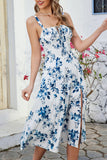 Green Spaghetti Straps Printed Summer Dress With Slit