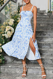 Green Spaghetti Straps Printed Summer Dress With Slit