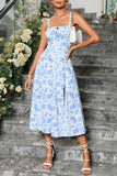 Green Spaghetti Straps Printed Summer Dress With Slit