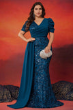 Sparky Blue Mermaid Plus Size Long Mother of the Bride Dress
