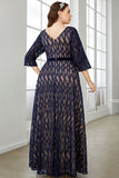 Navy A Line Long Sleeves Mother of the Bride Dress