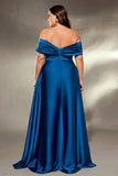 Ink Blue Satin A Line Long Mother of the Bride Dress