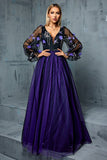 Floral Navy A Line Long Tulle Mother of the Bride Dress