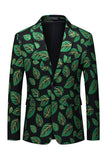 Men's Dark Green Leaf Printed Notched Lapel Prom Blazer