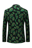 Men's Dark Green Leaf Printed Notched Lapel Prom Blazer