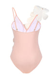 Black White One Piece V Neck Beach Swimwear with 3D Flowers