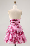 Pink Flower A-line Strapless Tiered Short Prom Dress with Front Bow