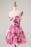 Pink Flower A-line Strapless Tiered Short Prom Dress with Front Bow