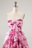 Pink Flower A-line Strapless Tiered Short Prom Dress with Front Bow