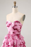 Pink Flower A-line Strapless Tiered Short Prom Dress with Front Bow