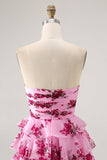 Pink Flower A-line Strapless Tiered Short Prom Dress with Front Bow
