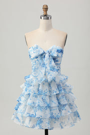 Strapless White Blue Flower A-line Tiered Short Prom Dress with Bow