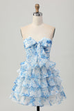 Pink Flower A-line Strapless Tiered Short Prom Dress with Front Bow