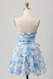 Pink Flower A-line Strapless Tiered Short Prom Dress with Front Bow