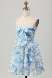 Strapless White Blue Flower A-line Tiered Short Prom Dress with Bow