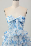 Strapless White Blue Flower A-line Tiered Short Prom Dress with Bow