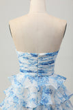Strapless White Blue Flower A-line Tiered Short Prom Dress with Bow
