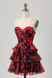Black Red Floral A-line Sweetheart Tiered Corset Cocktail Dress
