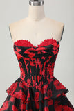 Black Red Floral A-line Sweetheart Tiered Corset Cocktail Dress