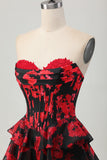 Black Red Floral A-line Sweetheart Tiered Corset Cocktail Dress
