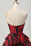 Black Red Floral A-line Sweetheart Tiered Corset Cocktail Dress