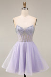 Strapless A Line Lilac Sequins Corset Short Cocktail Dress with Beading