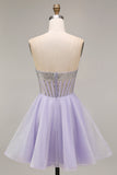 Strapless A Line Lilac Sequins Corset Short Cocktail Dress with Beading