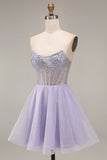Strapless A Line Lilac Sequins Corset Short Cocktail Dress with Beading