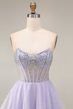 Strapless A Line Lilac Sequins Corset Short Cocktail Dress with Beading