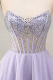 Strapless A Line Lilac Sequins Corset Short Cocktail Dress with Beading