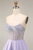 Strapless A Line Lilac Sequins Corset Short Cocktail Dress with Beading