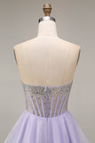 Strapless A Line Lilac Sequins Corset Short Cocktail Dress with Beading
