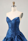 A Line Strapless Asymmetrical Dark Blue Short Prom Dress