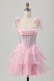 Sparkly Pink Straps Bow Corset Tiered Beaded Cocktail Dress