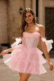 Sparkly Pink Off The Shoulder Corset A Line Tiered Short Prom Dress