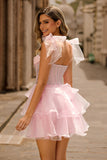 Sparkly Pink Off The Shoulder Corset A Line Tiered Short Prom Dress