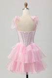 Sparkly Pink Straps Bow Corset Tiered Beaded Cocktail Dress