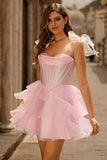 Sparkly Pink Off The Shoulder Corset A Line Tiered Short Prom Dress