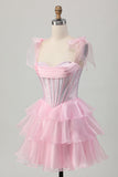 Sparkly Pink Straps Bow Corset Tiered Beaded Cocktail Dress