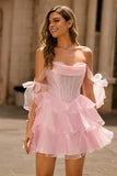 Sparkly Pink Off The Shoulder Corset A Line Tiered Short Prom Dress