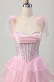 Sparkly Pink Straps Bow Corset Tiered Beaded Cocktail Dress