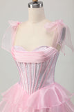Sparkly Pink Straps Bow Corset Tiered Beaded Cocktail Dress