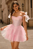 Sparkly Pink Off The Shoulder Corset A Line Tiered Short Prom Dress