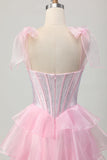 Sparkly Pink Straps Bow Corset Tiered Beaded Cocktail Dress