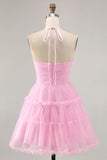 Glitter Halter Cut Out Pink Ruffled A-Line Cocktail Dress