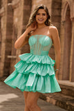 Strapless Red A Line Tiered Corset Beaded Short Prom Dress with Bow