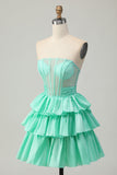 Red Strapless A-line Tiered Corset Beaded Short Prom Dress with Bow