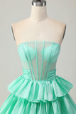 Red Strapless A-line Tiered Corset Beaded Short Prom Dress with Bow