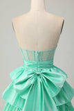 Red Strapless A-line Tiered Corset Beaded Short Prom Dress with Bow