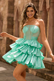 Strapless Red A Line Tiered Corset Beaded Short Prom Dress with Bow